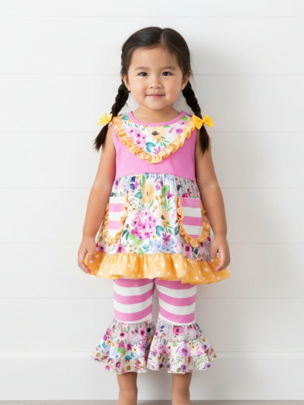 Pink & Yellow Ruffle Flower Outfit, girl's